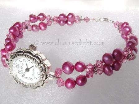 Pink Pearl & Crystal Watch Bracelet